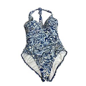 RALPH LAUREN‎ Bias Ikat Halter  One Piece Swimsuit Size 10 Blue